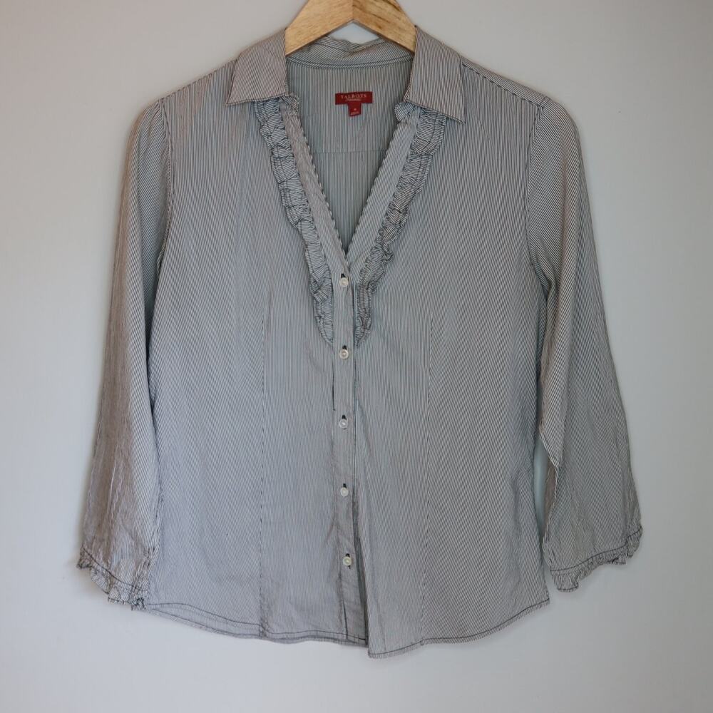 Talbots Haberdashery Blouse Womens 8 Stripe Ruffle Front y2k 90s boho